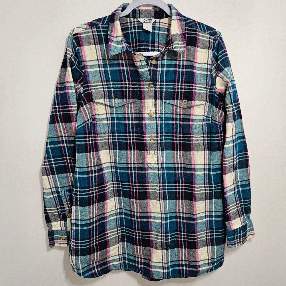 Duluth Trading Co Womens Plaid Teal Pink Cotton Relaxed Flannel Shirt Folklore M